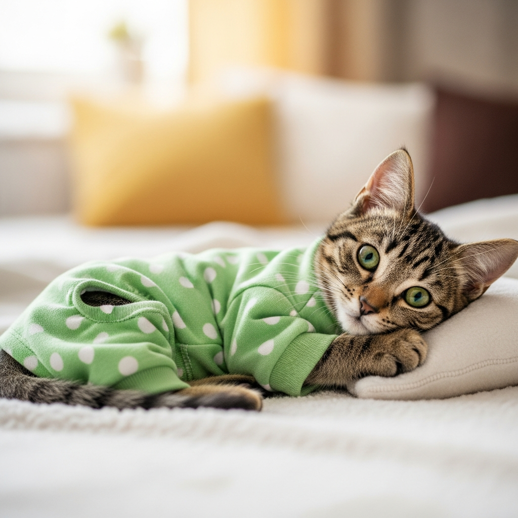 kitty_wearing_green_pajamas